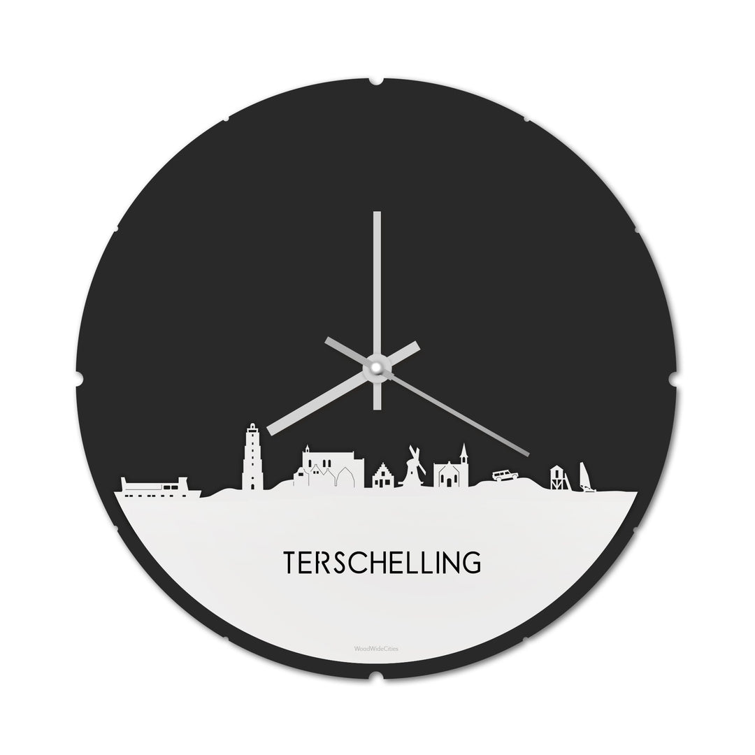 Skyline Klok Rond Terschelling Wit glanzend gerecycled kunststof cadeau decoratie relatiegeschenk van WoodWideCities