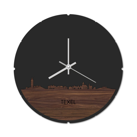 Skyline Klok Rond Texel Noten Noten houten cadeau decoratie relatiegeschenk van WoodWideCities