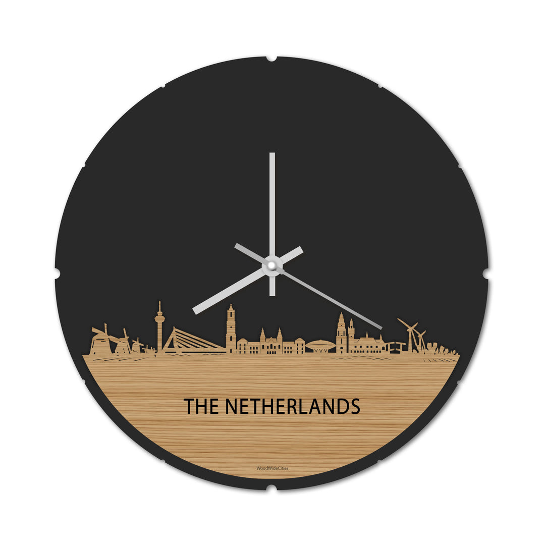 Skyline Klok Rond The Netherlands Bamboe houten cadeau decoratie relatiegeschenk van WoodWideCities