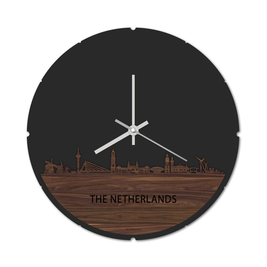 Skyline Klok Rond The Netherlands Noten houten cadeau decoratie relatiegeschenk van WoodWideCities