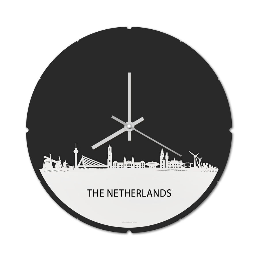 Skyline Klok Rond The Netherlands Wit glanzend gerecycled kunststof cadeau decoratie relatiegeschenk van WoodWideCities