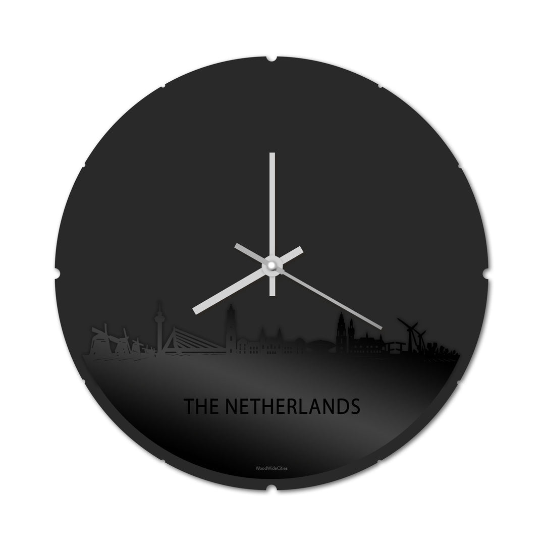 Skyline Klok Rond The Netherlands Zwart glanzend gerecycled kunststof cadeau decoratie relatiegeschenk van WoodWideCities