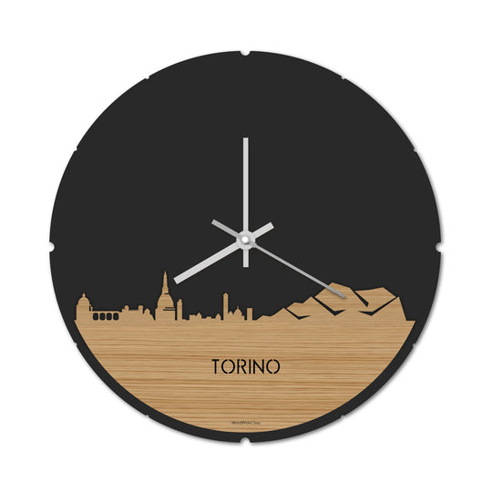 Skyline Klok Rond Torino Bamboe houten cadeau decoratie relatiegeschenk van WoodWideCities