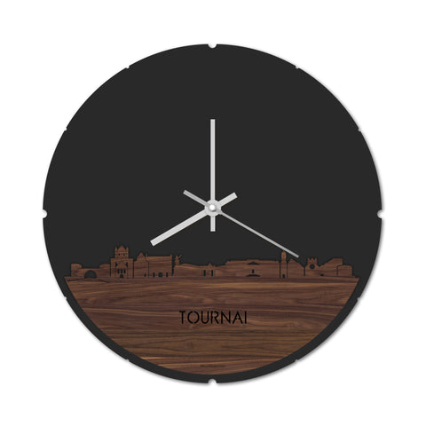 Skyline Klok Rond Tournai Noten houten cadeau decoratie relatiegeschenk van WoodWideCities