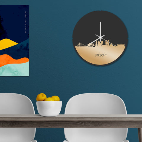 Skyline Klok Rond Utrecht Metallic Goud gerecycled kunststof cadeau decoratie relatiegeschenk van WoodWideCities