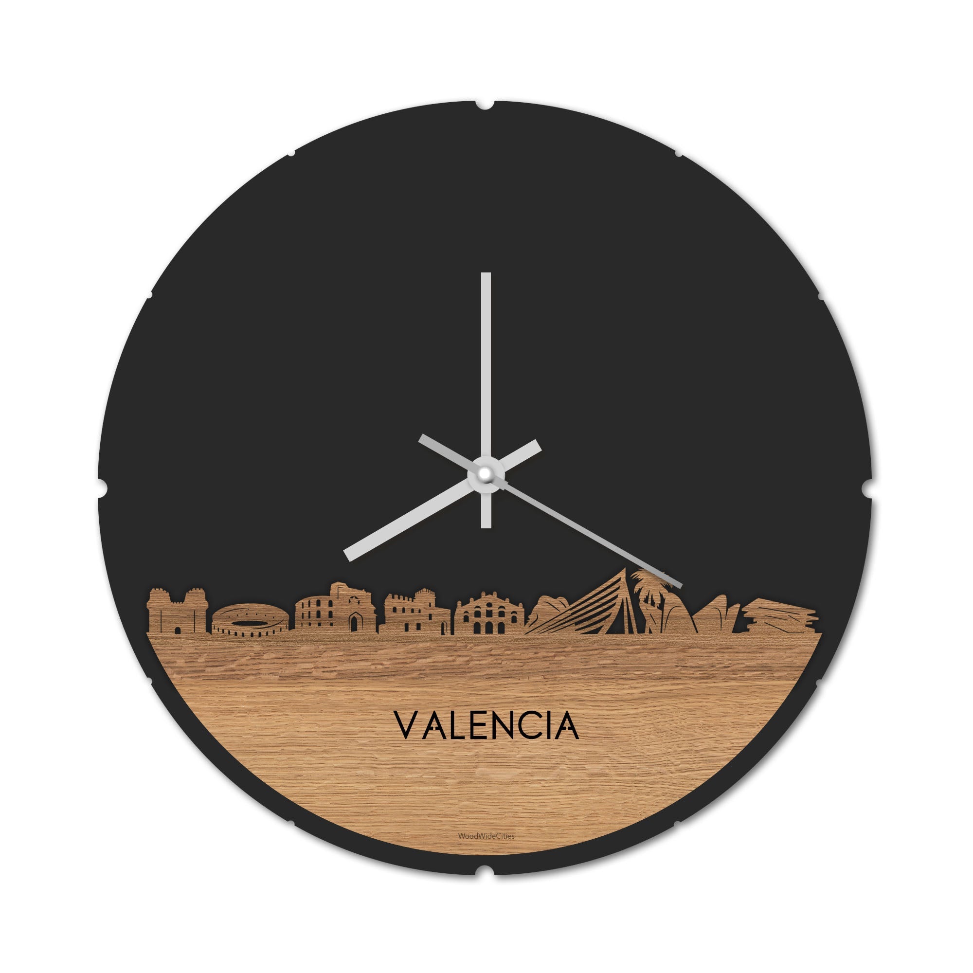 Skyline Klok Rond Valencia Eiken Eiken  houten cadeau decoratie relatiegeschenk van WoodWideCities