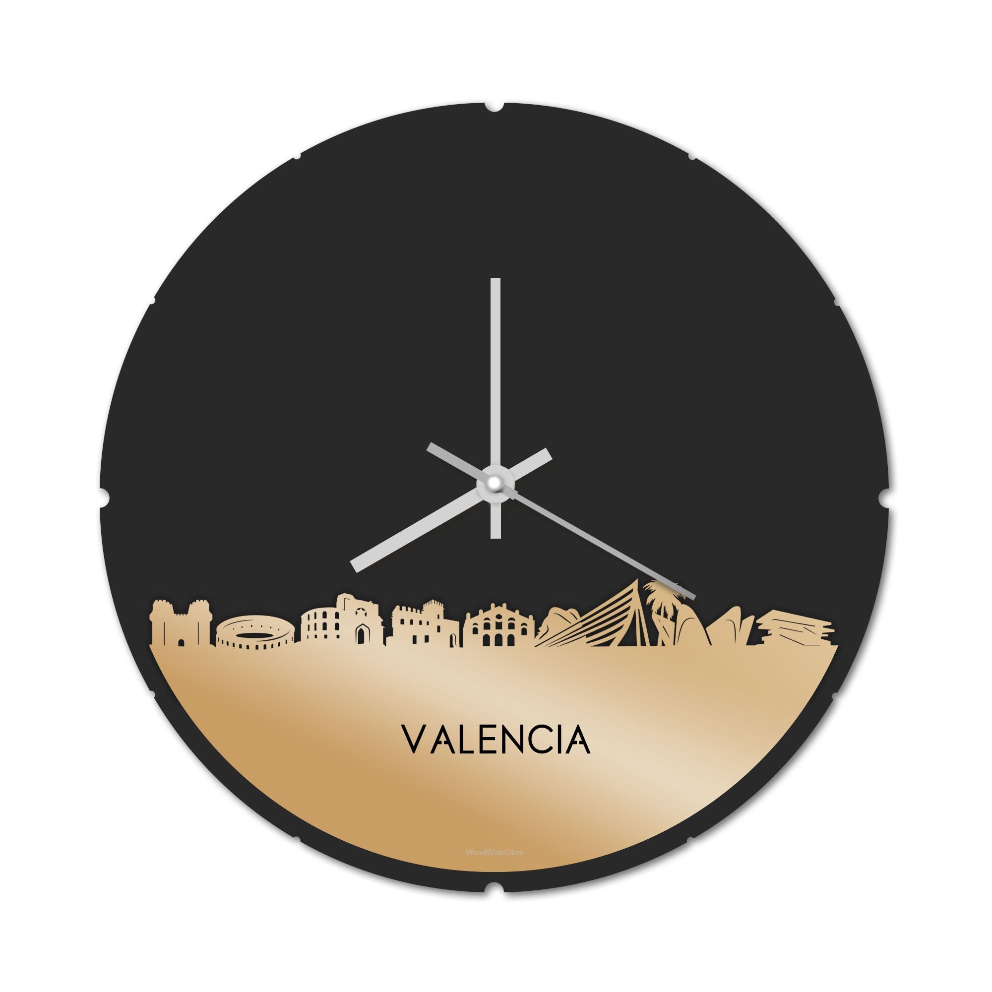 Skyline Klok Rond Valencia Metallic Goud gerecycled kunststof cadeau decoratie relatiegeschenk van WoodWideCities
