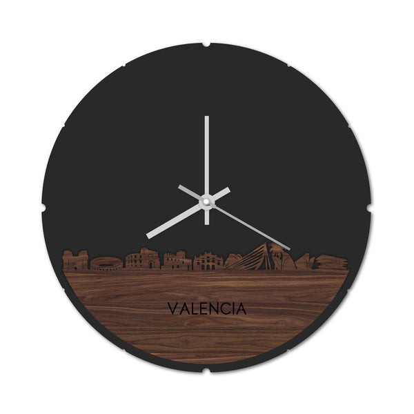 Skyline Klok Rond Valencia Noten Noten  houten cadeau decoratie relatiegeschenk van WoodWideCities