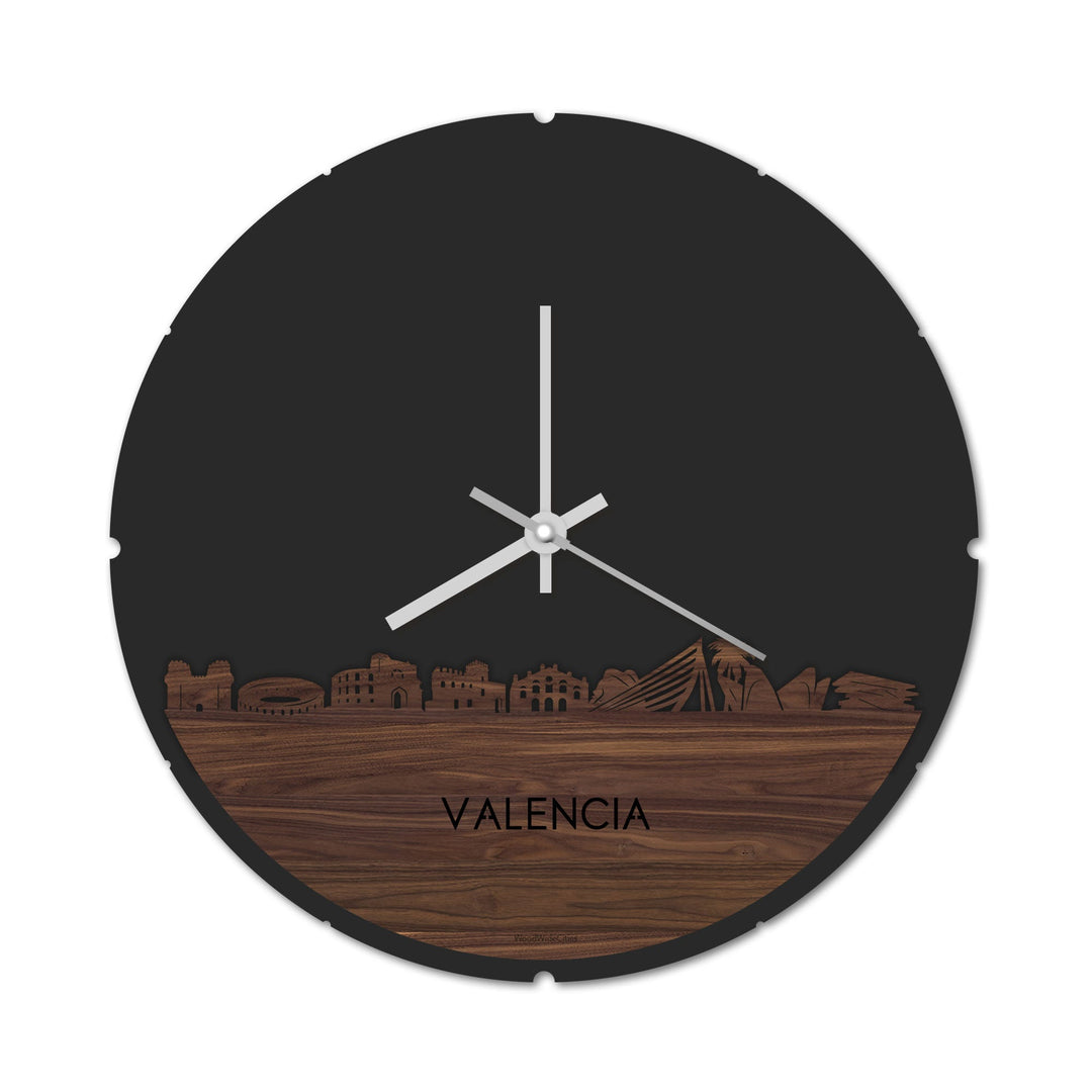 Skyline Klok Rond Valencia Noten Noten  houten cadeau decoratie relatiegeschenk van WoodWideCities