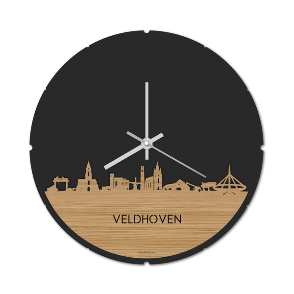 Skyline Klok Rond Veldhoven Bamboe houten cadeau decoratie relatiegeschenk van WoodWideCities