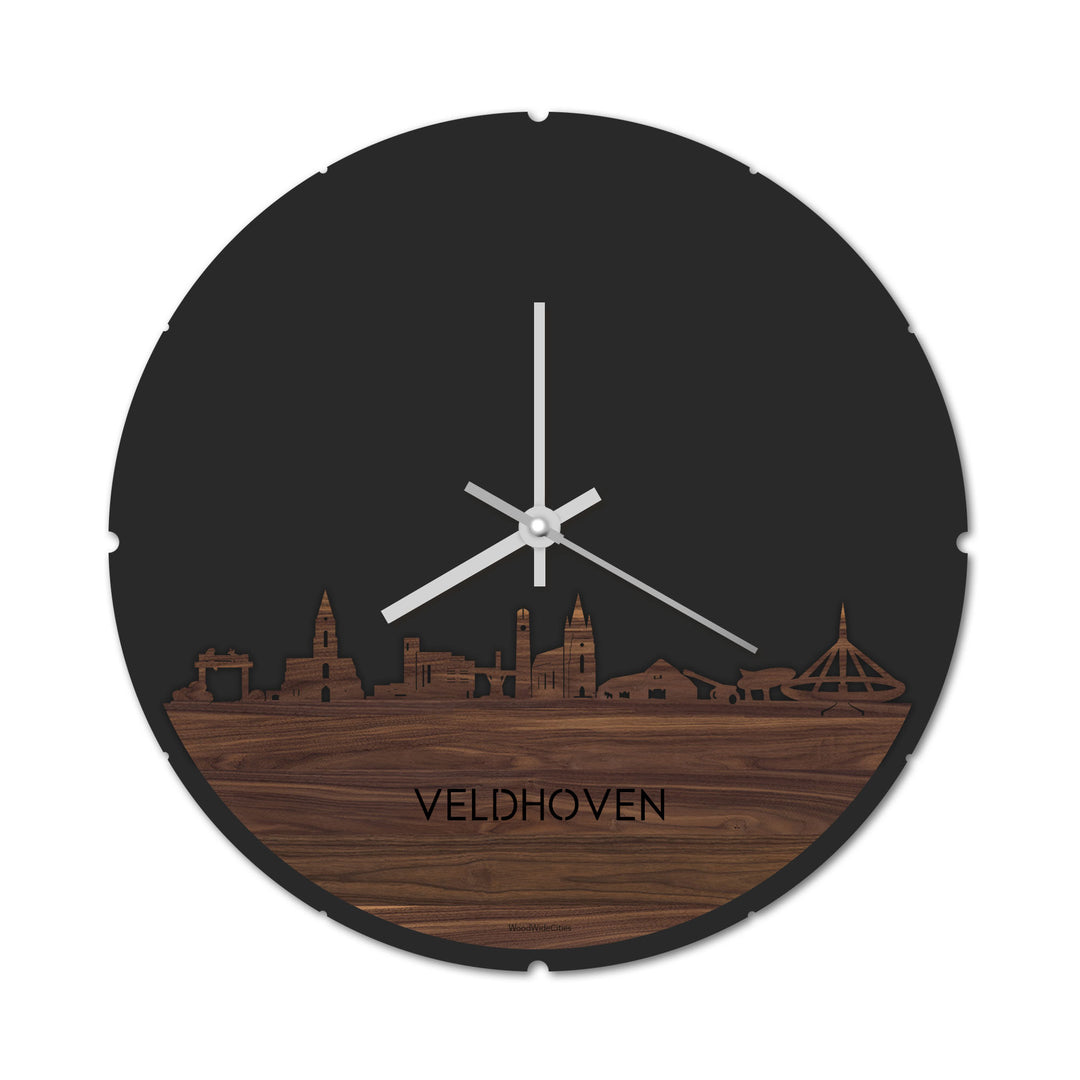 Skyline Klok Rond Veldhoven Noten houten cadeau decoratie relatiegeschenk van WoodWideCities
