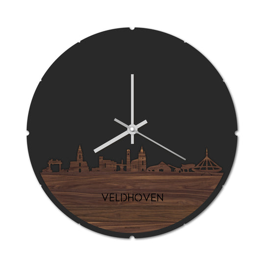 Skyline Klok Rond Veldhoven Noten houten cadeau decoratie relatiegeschenk van WoodWideCities