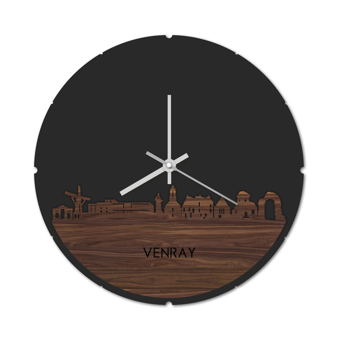 Skyline Klok Rond Venray Noten houten cadeau decoratie relatiegeschenk van WoodWideCities