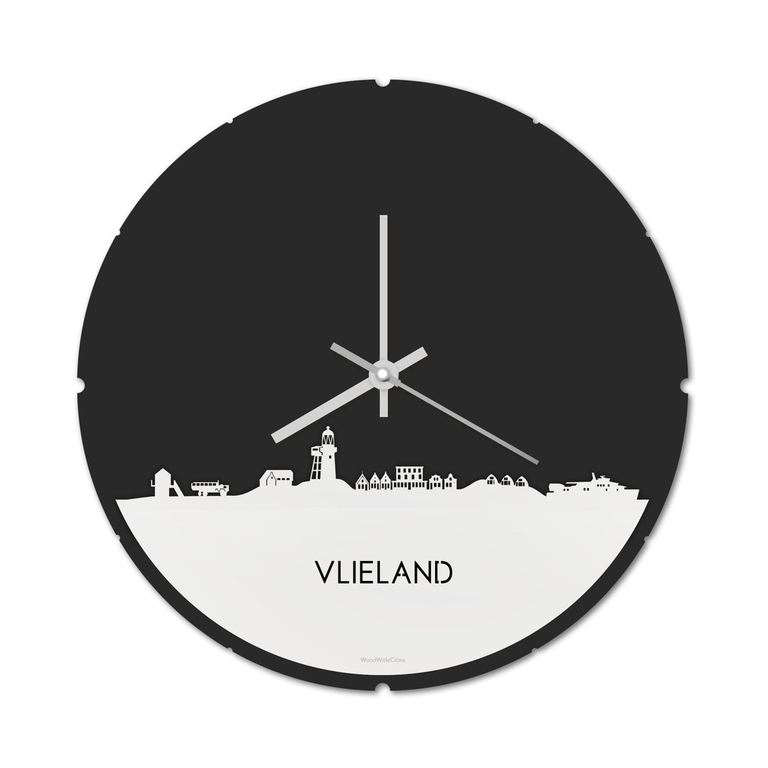 Skyline Klok Rond Vlieland Wit glanzend gerecycled kunststof cadeau decoratie relatiegeschenk van WoodWideCities