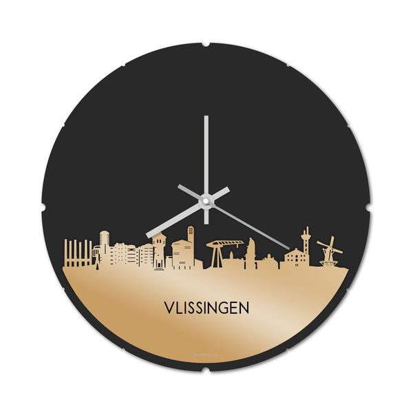 Skyline Klok Rond Vlissingen Metallic Goud gerecycled kunststof cadeau decoratie relatiegeschenk van WoodWideCities