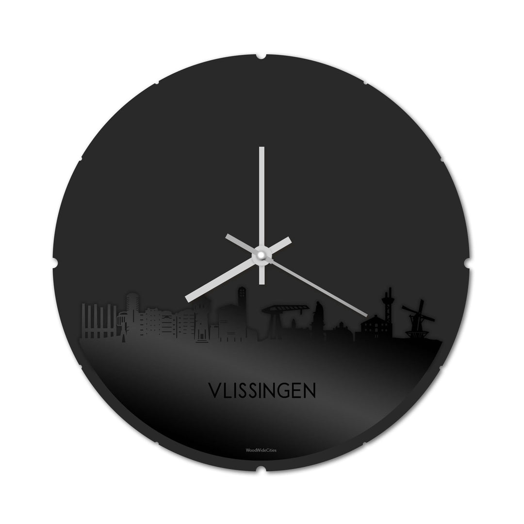 Skyline Klok Rond Vlissingen Zwart glanzend gerecycled kunststof cadeau decoratie relatiegeschenk van WoodWideCities