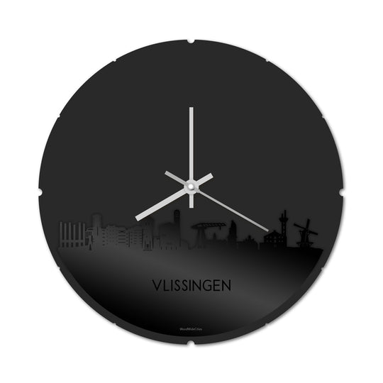 Skyline Klok Rond Vlissingen Zwart glanzend gerecycled kunststof cadeau decoratie relatiegeschenk van WoodWideCities