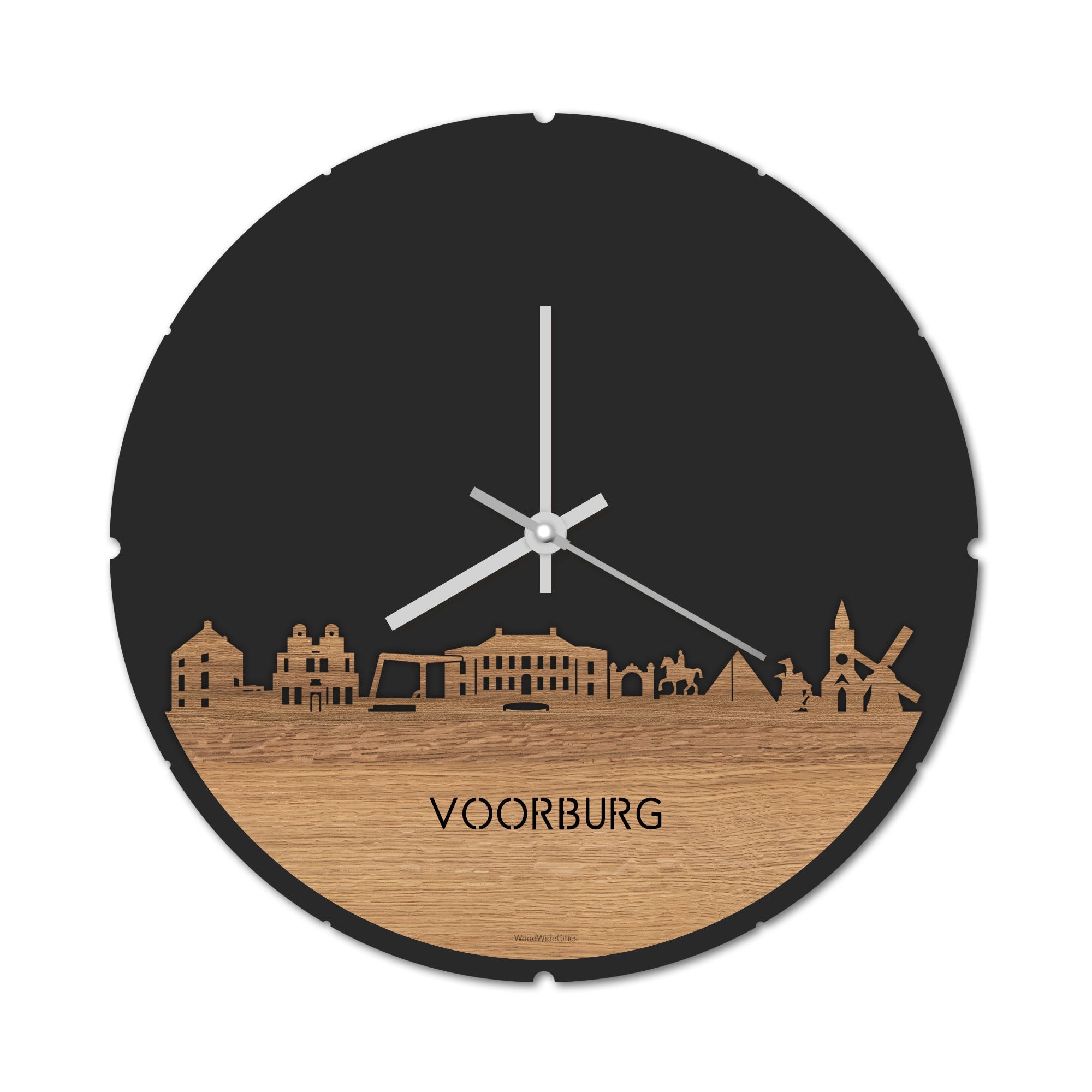 Skyline Klok Rond Voorburg Eiken houten cadeau decoratie relatiegeschenk van WoodWideCities