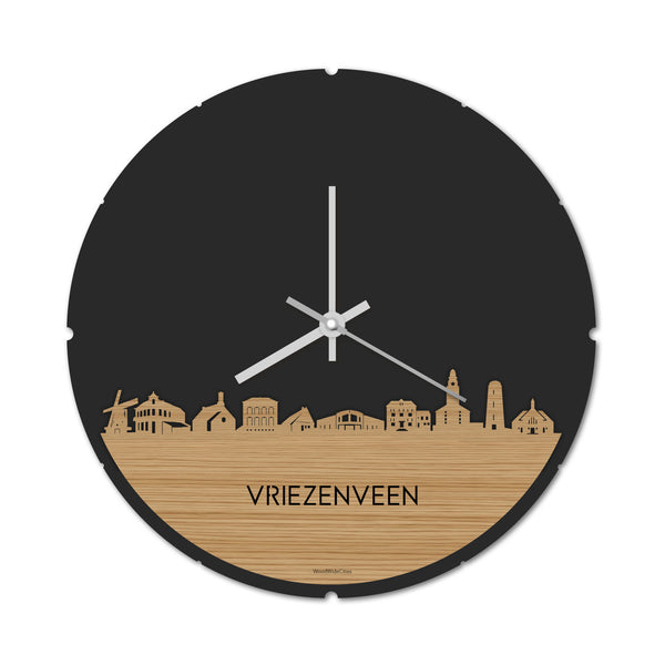 Skyline Klok Rond Vriezenveen Bamboe houten cadeau decoratie relatiegeschenk van WoodWideCities
