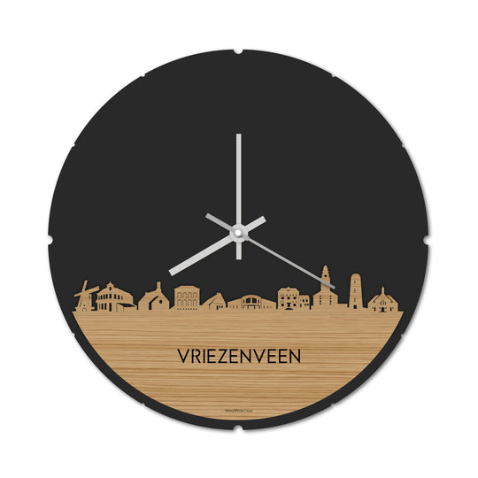 Skyline Klok Rond Vriezenveen Bamboe houten cadeau decoratie relatiegeschenk van WoodWideCities