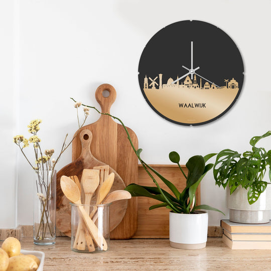 Skyline Klok Rond Waalwijk Metallic Goud gerecycled kunststof cadeau decoratie relatiegeschenk van WoodWideCities