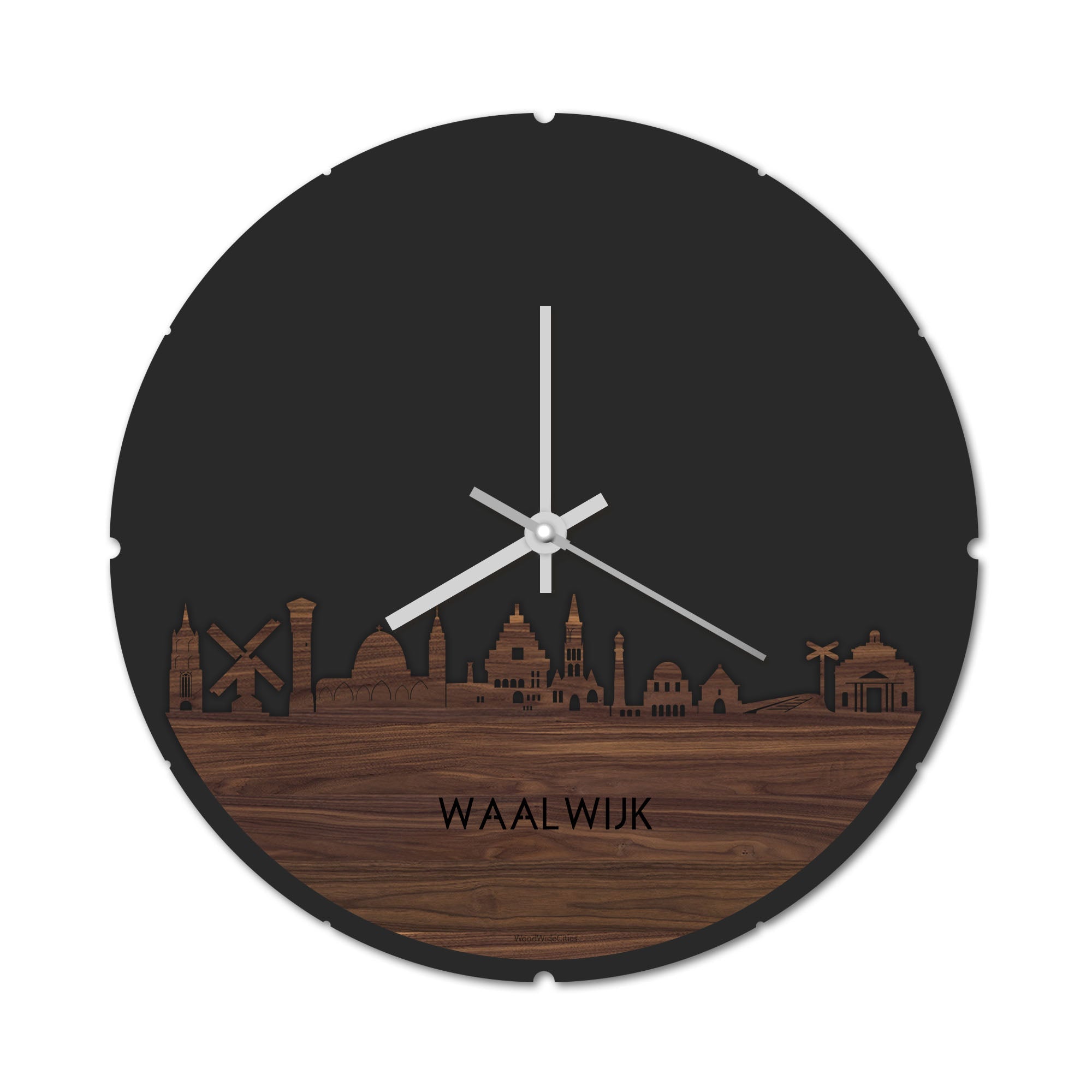 Skyline Klok Rond Waalwijk Noten houten cadeau decoratie relatiegeschenk van WoodWideCities