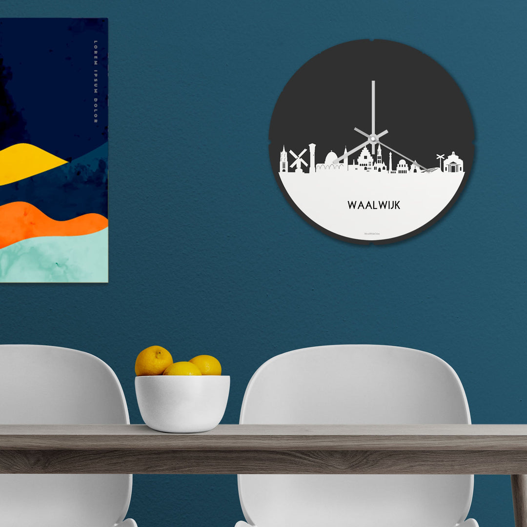 Skyline Klok Rond Waalwijk Wit glanzend gerecycled kunststof cadeau decoratie relatiegeschenk van WoodWideCities