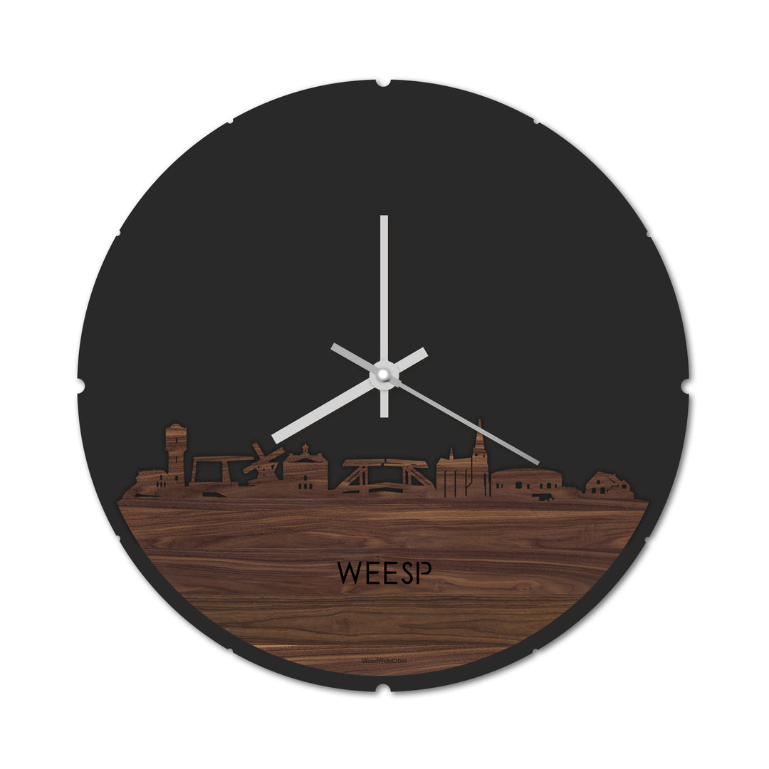 Skyline Klok Rond Weesp Noten houten cadeau decoratie relatiegeschenk van WoodWideCities