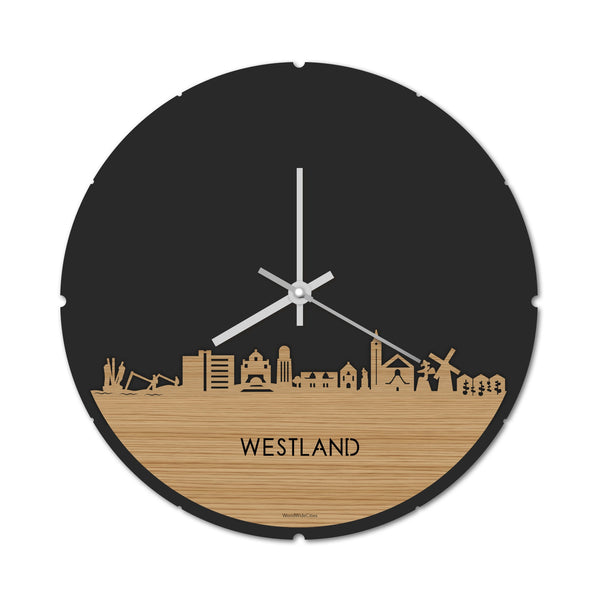 Skyline Klok Rond Westland Bamboe houten cadeau decoratie relatiegeschenk van WoodWideCities