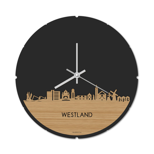 Skyline Klok Rond Westland Bamboe houten cadeau decoratie relatiegeschenk van WoodWideCities