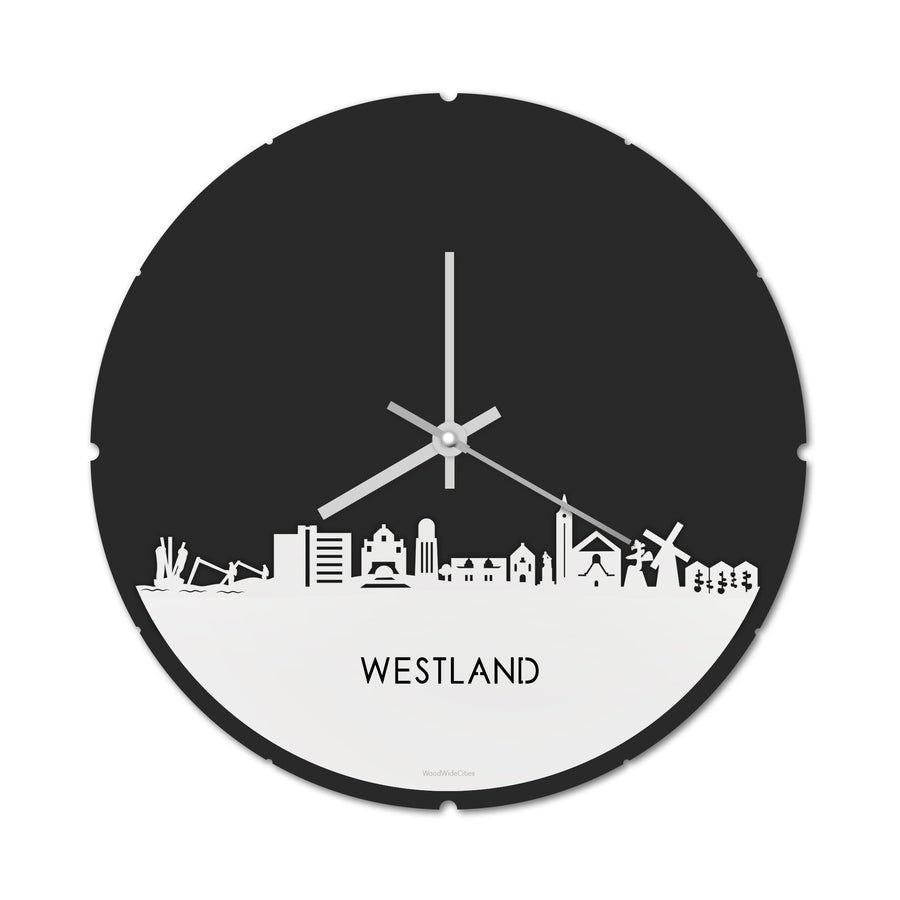 Skyline Klok Rond Westland Wit glanzend gerecycled kunststof cadeau decoratie relatiegeschenk van WoodWideCities