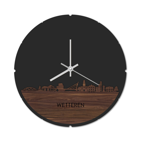 Skyline Klok Rond Wetteren Noten houten cadeau decoratie relatiegeschenk van WoodWideCities