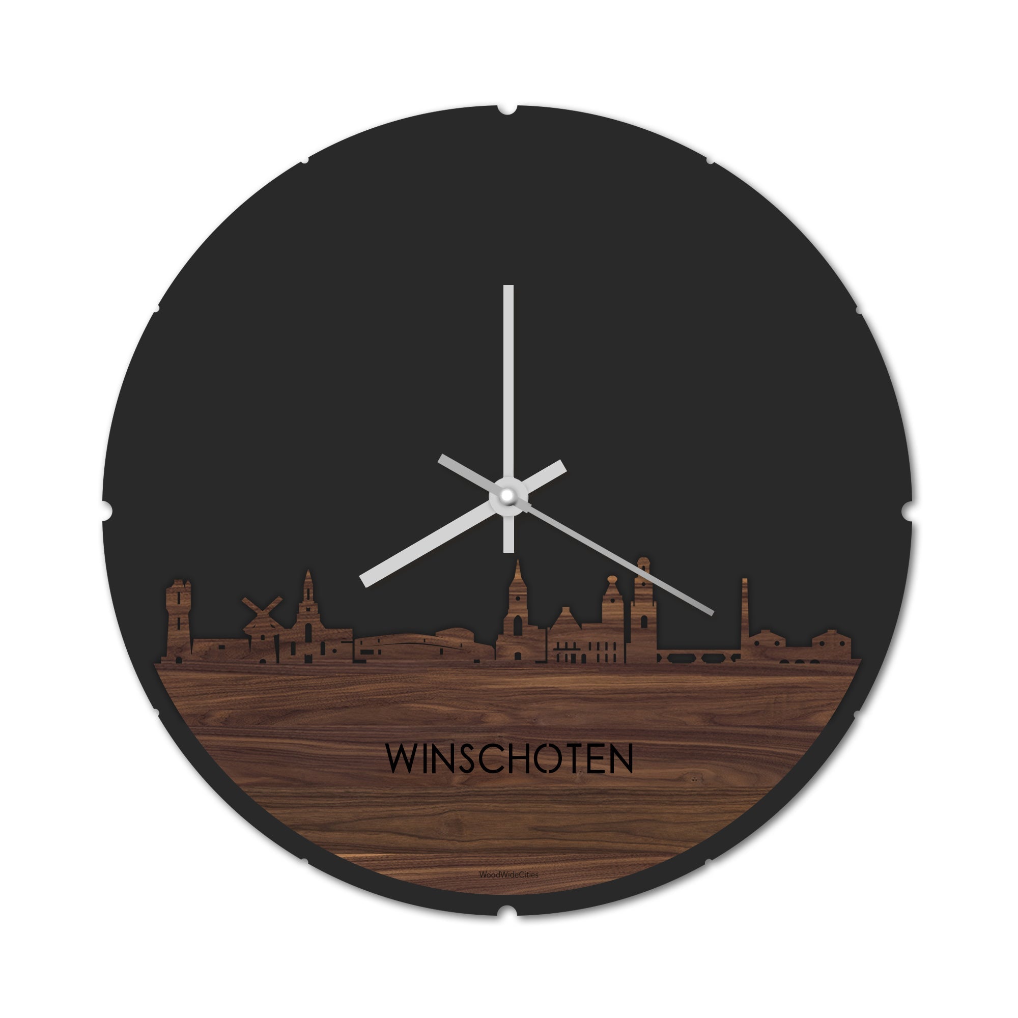 Skyline Klok Rond Winschoten Noten houten cadeau decoratie relatiegeschenk van WoodWideCities
