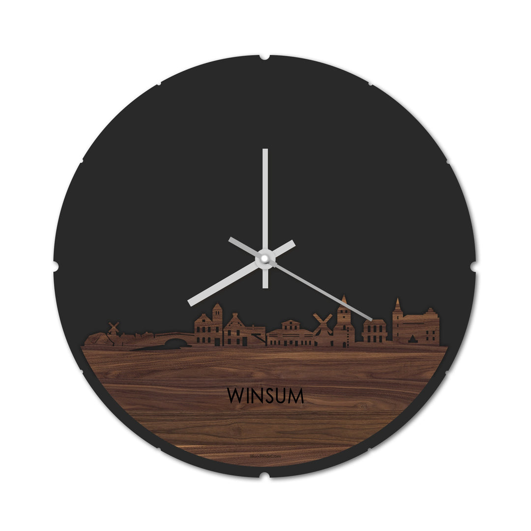 Skyline Klok Rond Winsum Noten houten cadeau decoratie relatiegeschenk van WoodWideCities