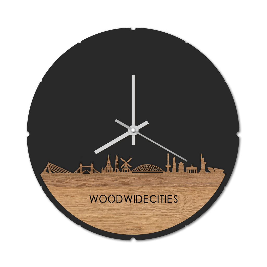 Skyline Klok Rond WoodWideCities Eiken Eiken  houten cadeau decoratie relatiegeschenk van WoodWideCities