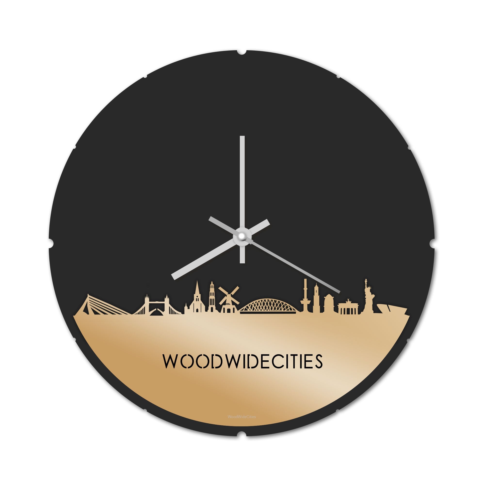 Skyline Klok Rond WoodWideCities Metallic Goud gerecycled kunststof cadeau decoratie relatiegeschenk van WoodWideCities