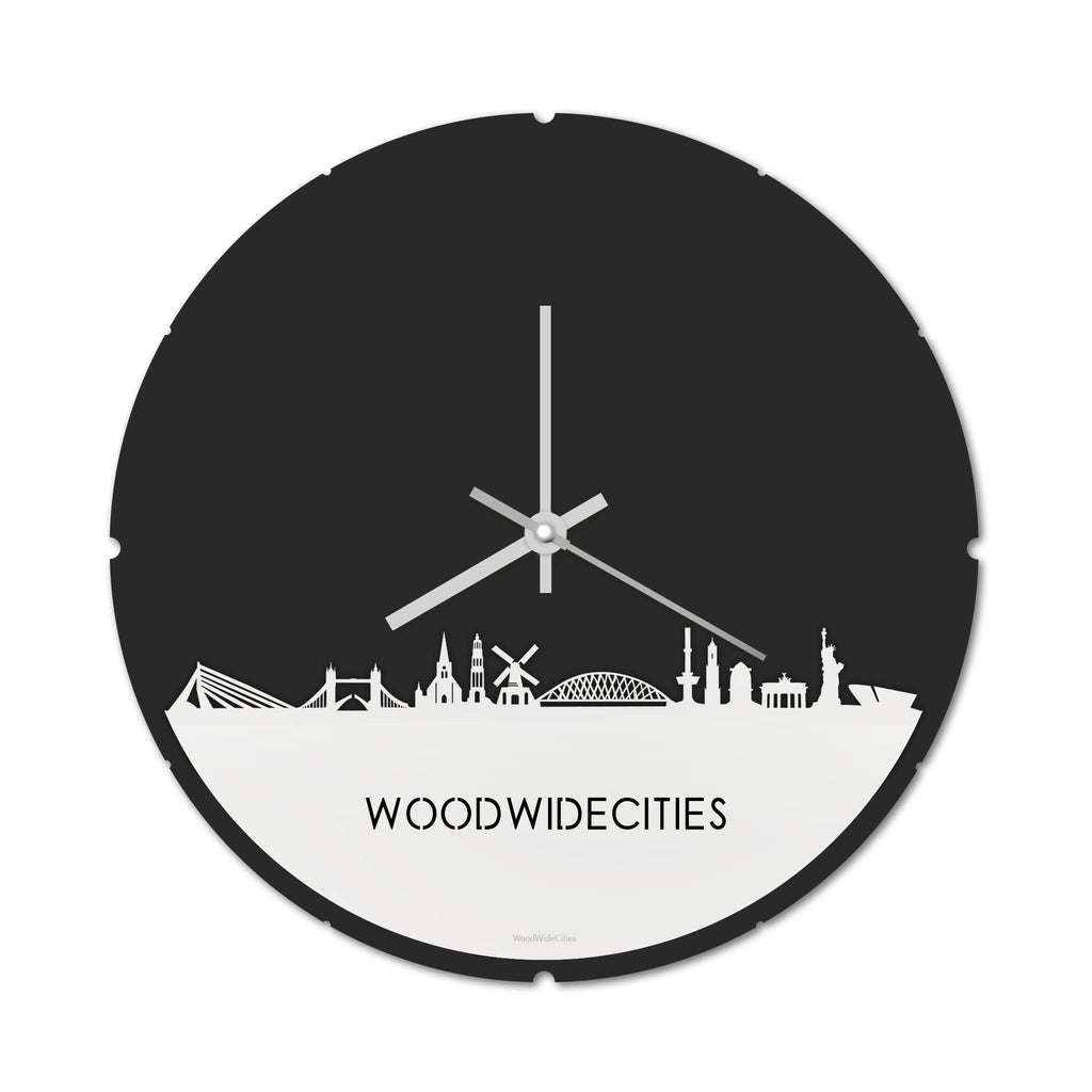 Skyline Klok Rond WoodWideCities Wit glanzend gerecycled kunststof cadeau decoratie relatiegeschenk van WoodWideCities