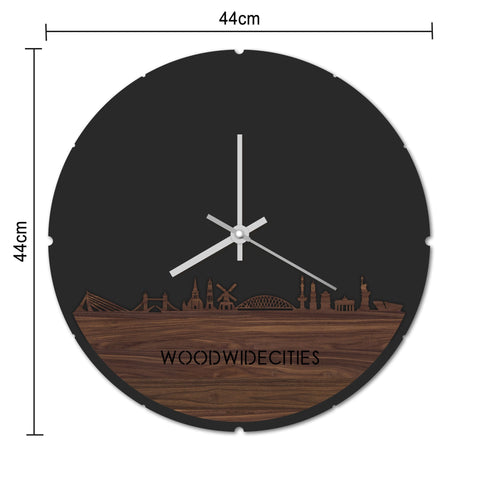 Skyline Klok Rond WoodWideCities Zwart glanzend gerecycled kunststof cadeau decoratie relatiegeschenk van WoodWideCities