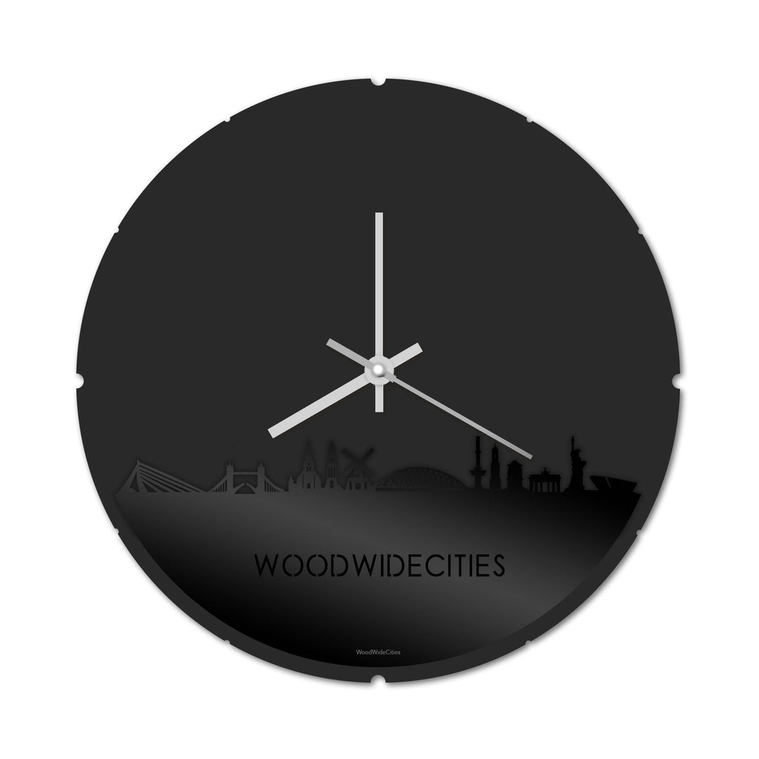 Skyline Klok Rond WoodWideCities Zwart glanzend gerecycled kunststof cadeau decoratie relatiegeschenk van WoodWideCities