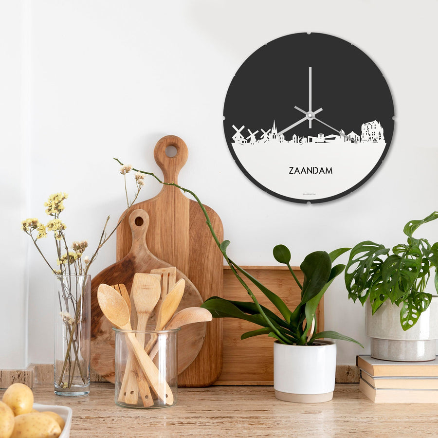 Skyline Klok Rond Zaandam Wit glanzend gerecycled kunststof cadeau decoratie relatiegeschenk van WoodWideCities
