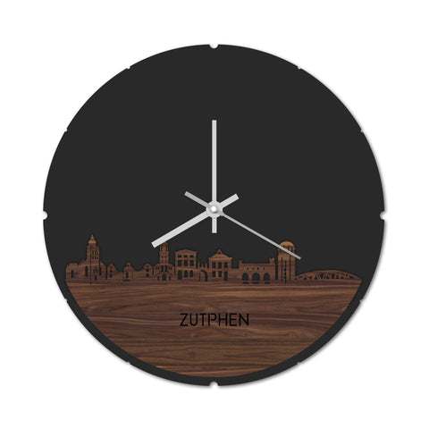 Skyline Klok Rond Zutphen Noten houten cadeau decoratie relatiegeschenk van WoodWideCities
