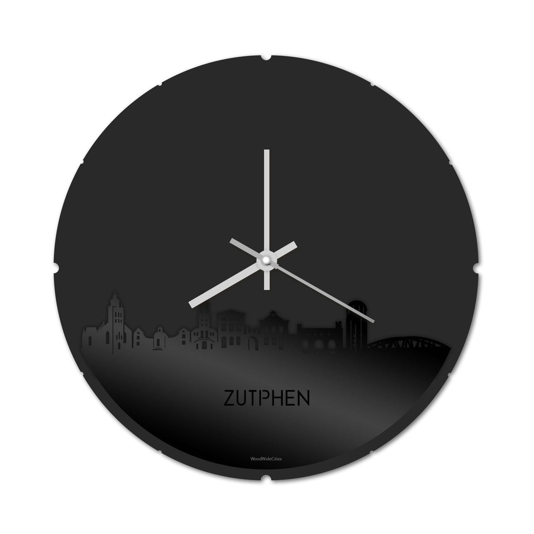 Skyline Klok Rond Zutphen Zwart glanzend gerecycled kunststof cadeau decoratie relatiegeschenk van WoodWideCities