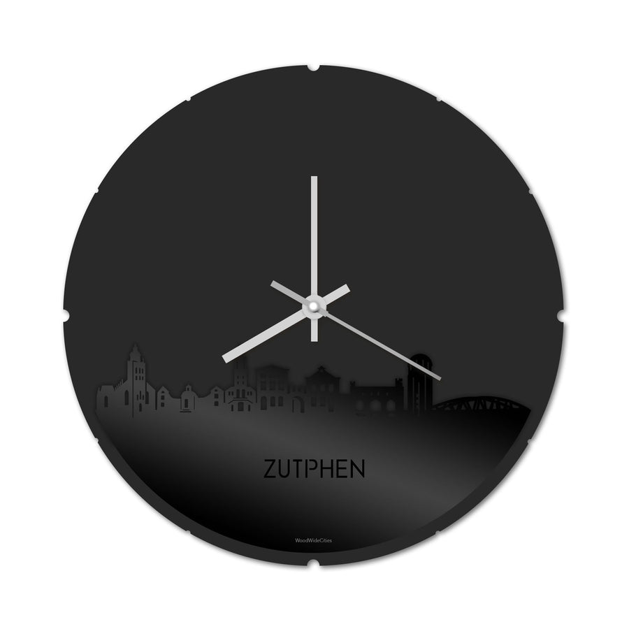 Skyline Klok Rond Zutphen Zwart glanzend gerecycled kunststof cadeau decoratie relatiegeschenk van WoodWideCities