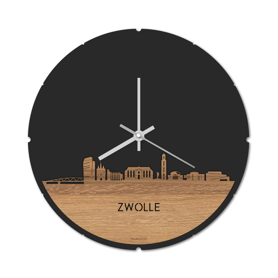 Skyline Klok Rond Zwolle Eiken Eiken houten cadeau decoratie relatiegeschenk van WoodWideCities