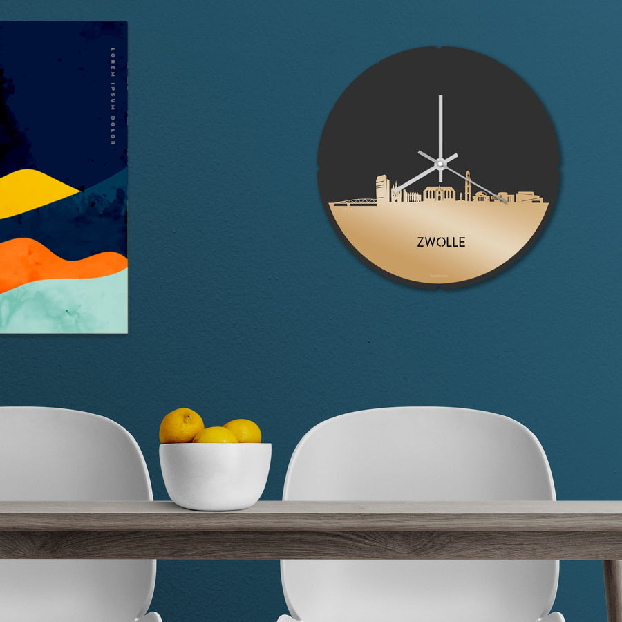 Skyline Klok Rond Zwolle Metallic Goud gerecycled kunststof cadeau decoratie relatiegeschenk van WoodWideCities