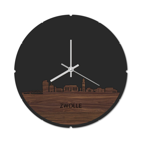 Skyline Klok Rond Zwolle Noten Noten houten cadeau decoratie relatiegeschenk van WoodWideCities