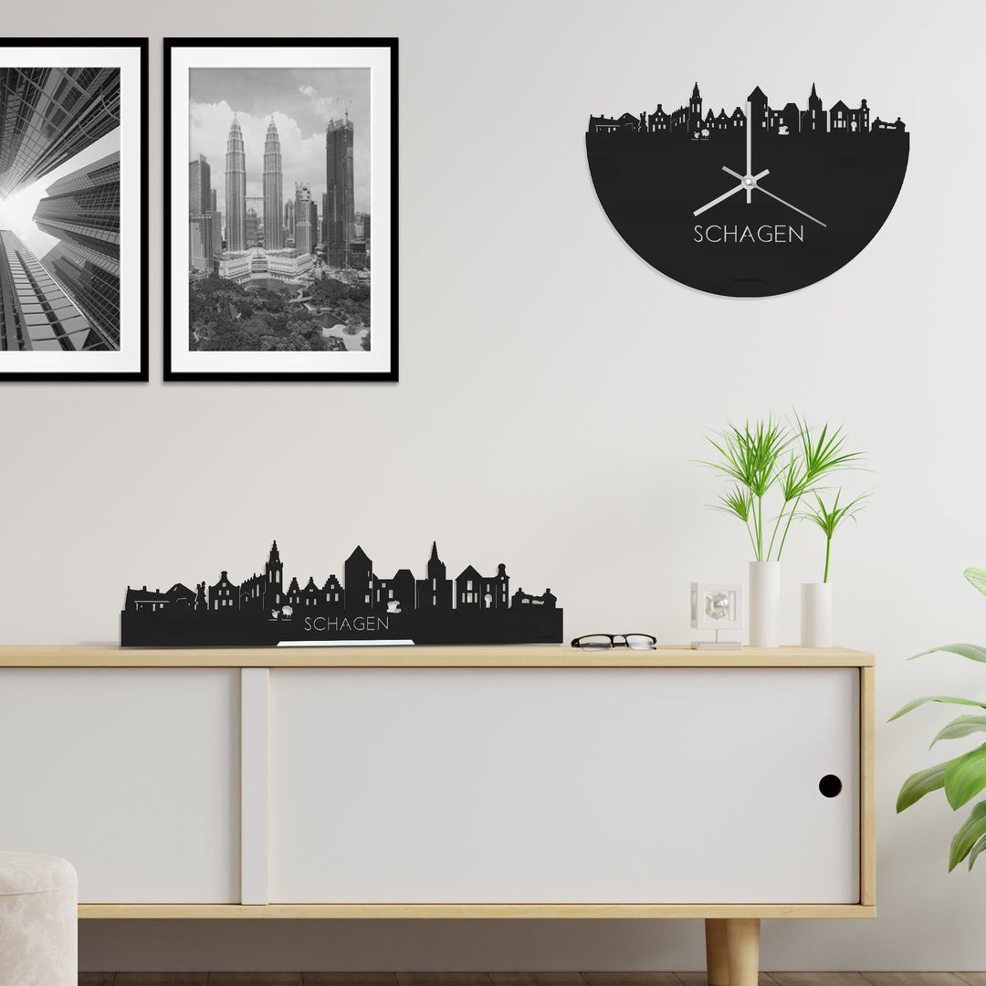 Skyline Klok Schagen Black Zwart houten cadeau wanddecoratie relatiegeschenk van WoodWideCities