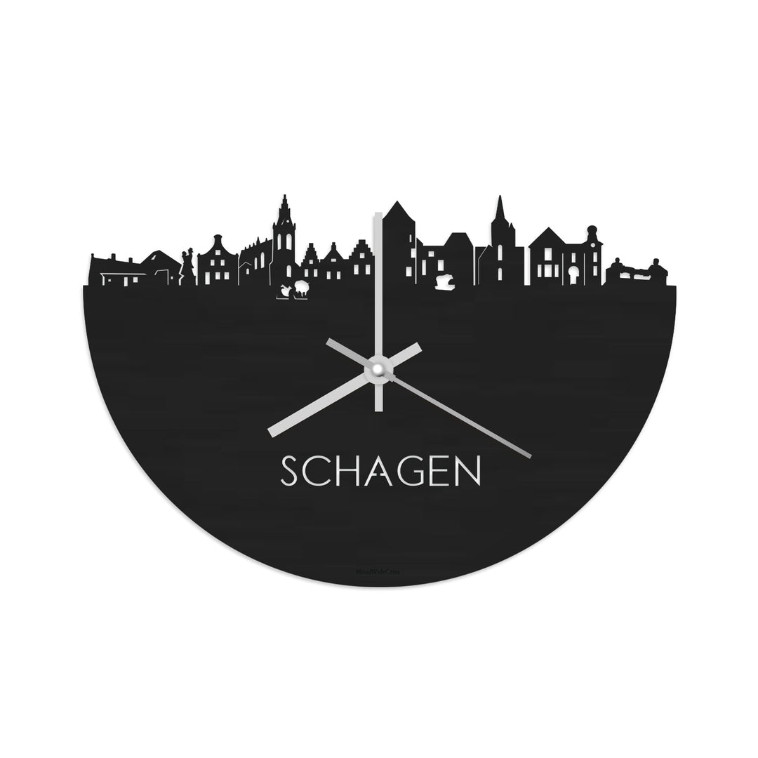 Skyline Klok Schagen Black Zwart houten cadeau wanddecoratie relatiegeschenk van WoodWideCities