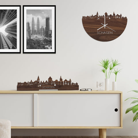 Skyline Klok Schagen Noten houten cadeau wanddecoratie relatiegeschenk van WoodWideCities