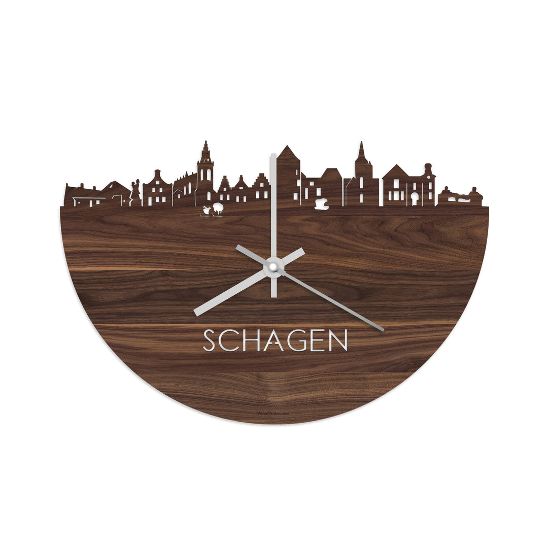 Skyline Klok Schagen Noten houten cadeau wanddecoratie relatiegeschenk van WoodWideCities